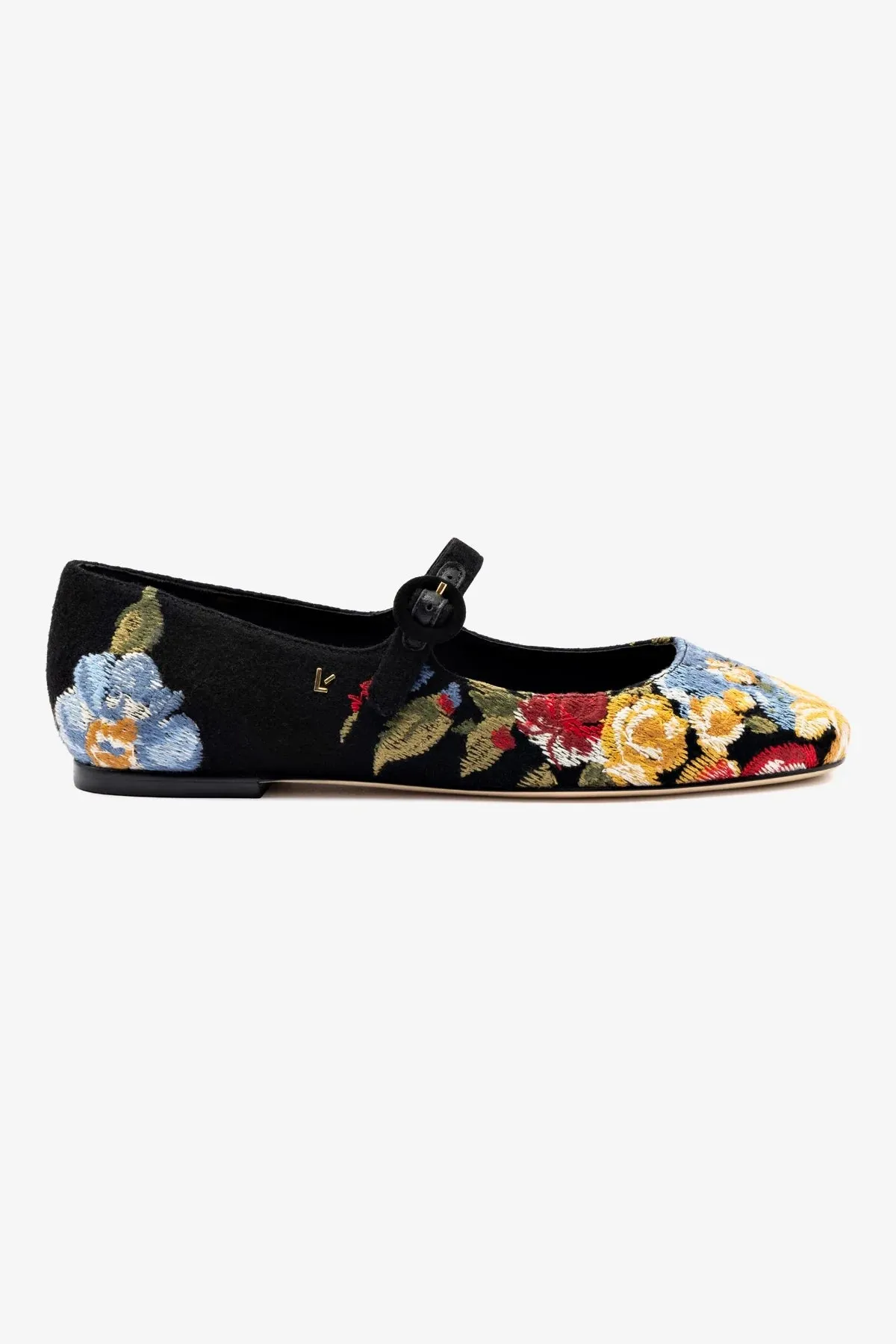 Larroud?? x Markarian Flat In Black Wool and Floral Embroidery Stylish Walk