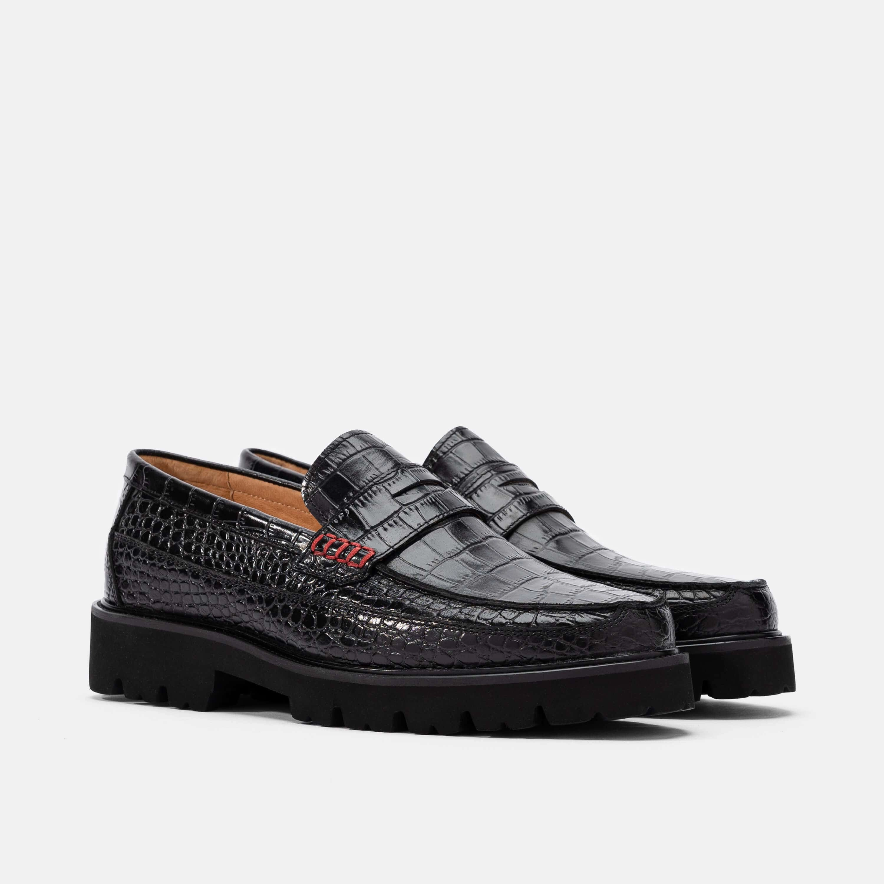 Ergonomic Fit Adler Black Croc Leather Lug Penny Loafers