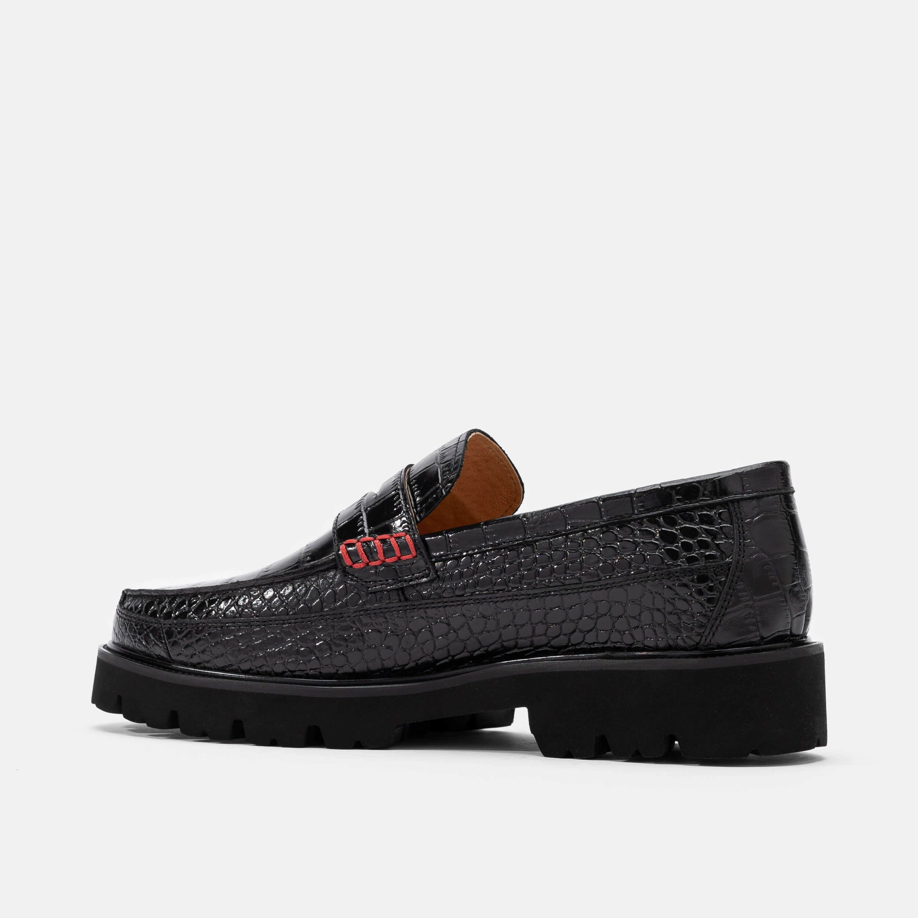 Ergonomic Fit Adler Black Croc Leather Lug Penny Loafers