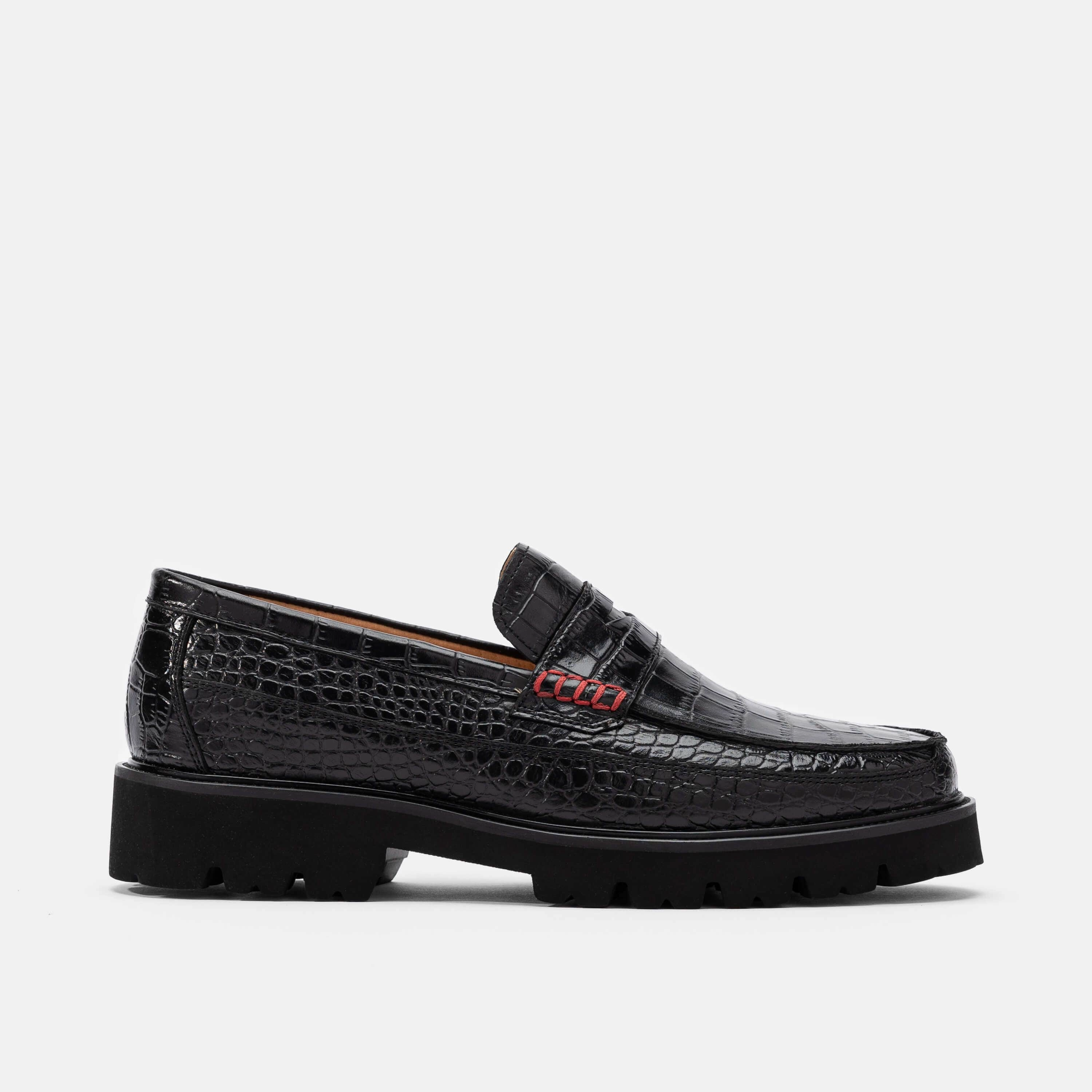 Flexible Padding Adler Black Croc Leather Lug Penny Loafers