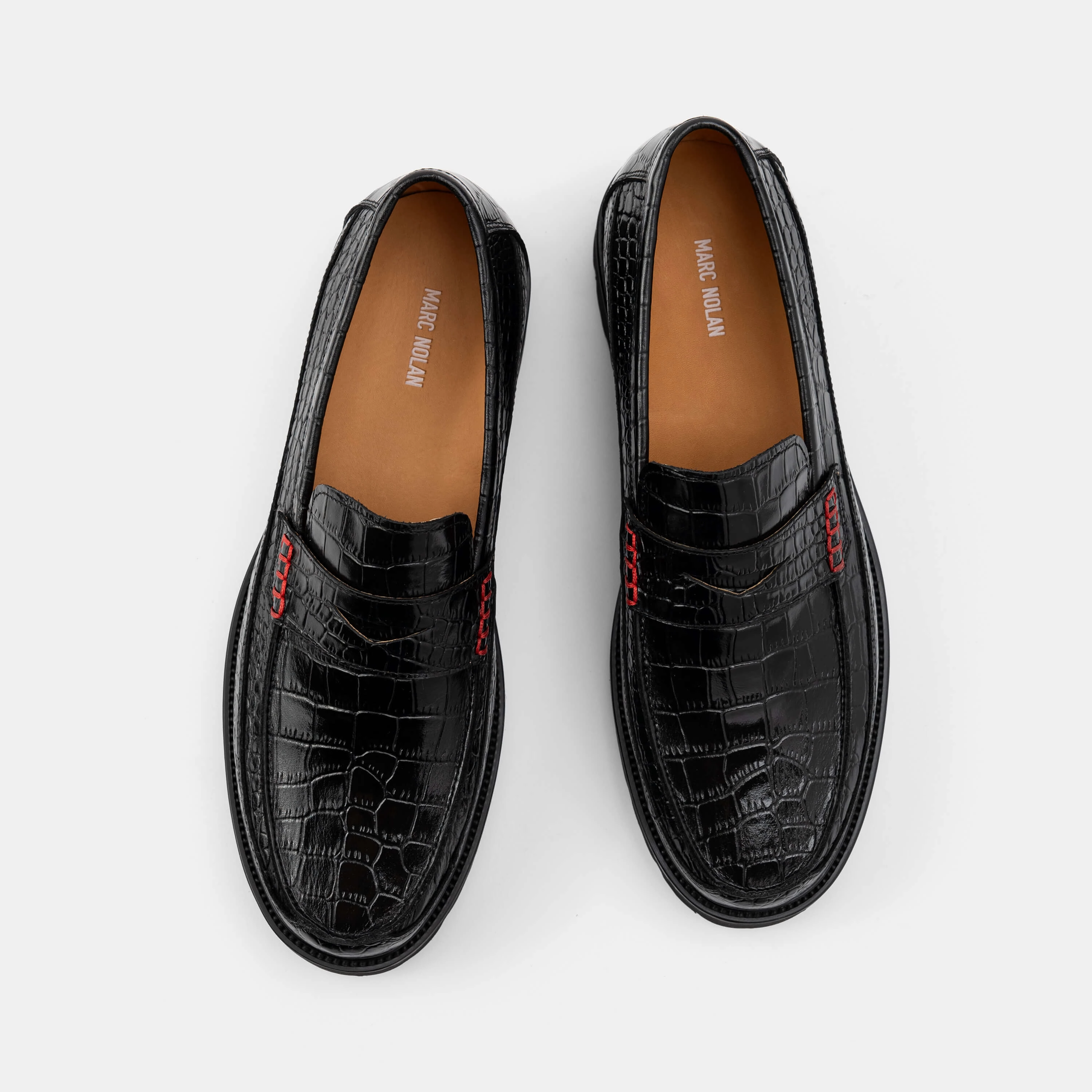 Ergonomic Fit Adler Black Croc Leather Lug Penny Loafers