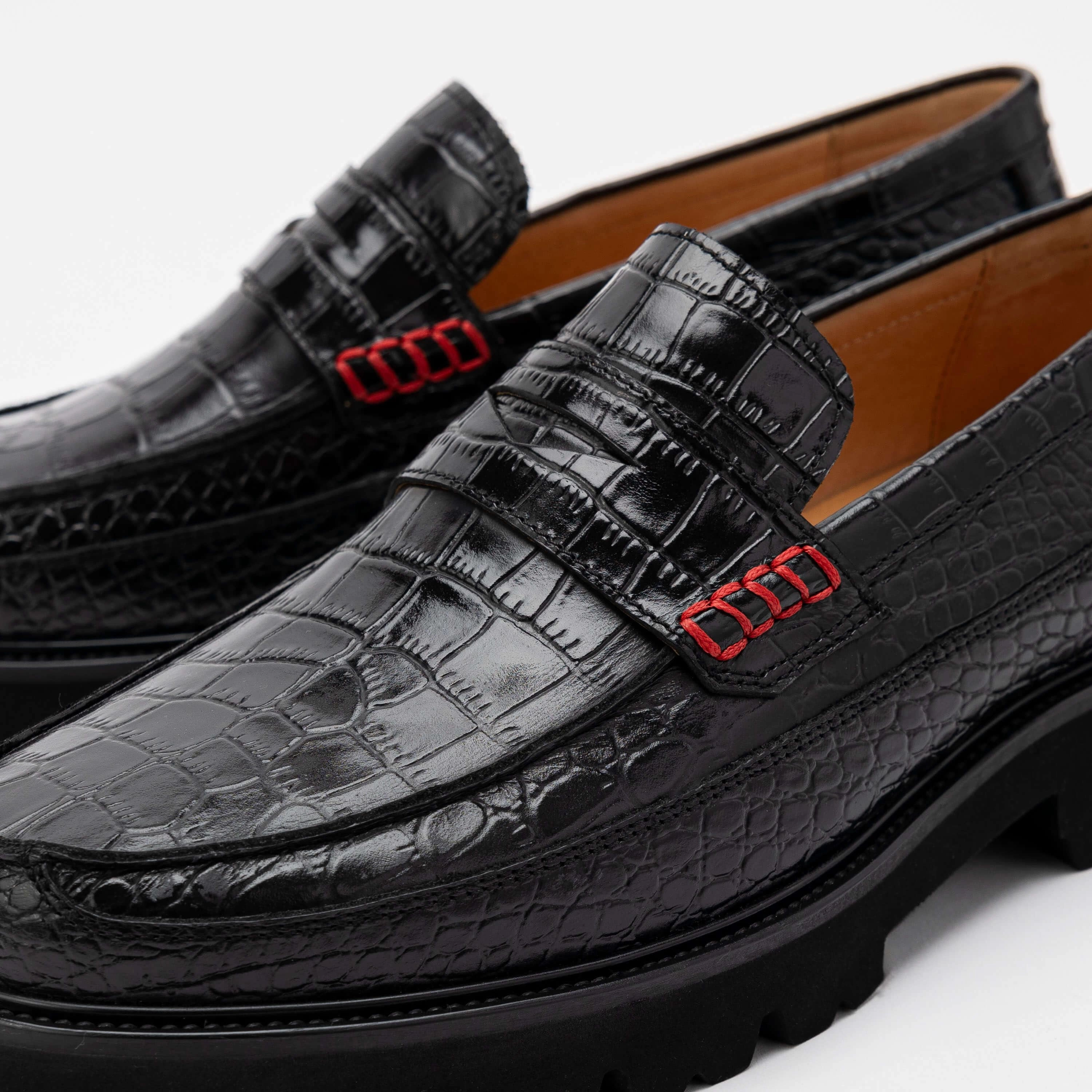 Ergonomic Fit Adler Black Croc Leather Lug Penny Loafers