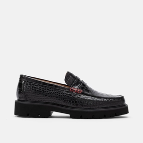 Flexible Padding Adler Black Croc Leather Lug Penny Loafers