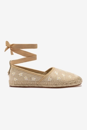 All-Day Comfortable Shoes Letizia Espadrille Flat In Raw Linen and Daisy Embroidery