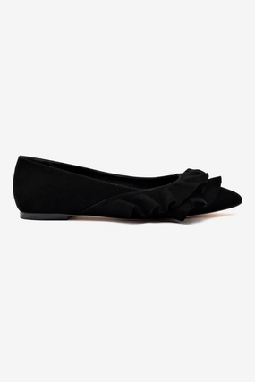 Trendy Look Lee Ruffle Flat In Black Suede