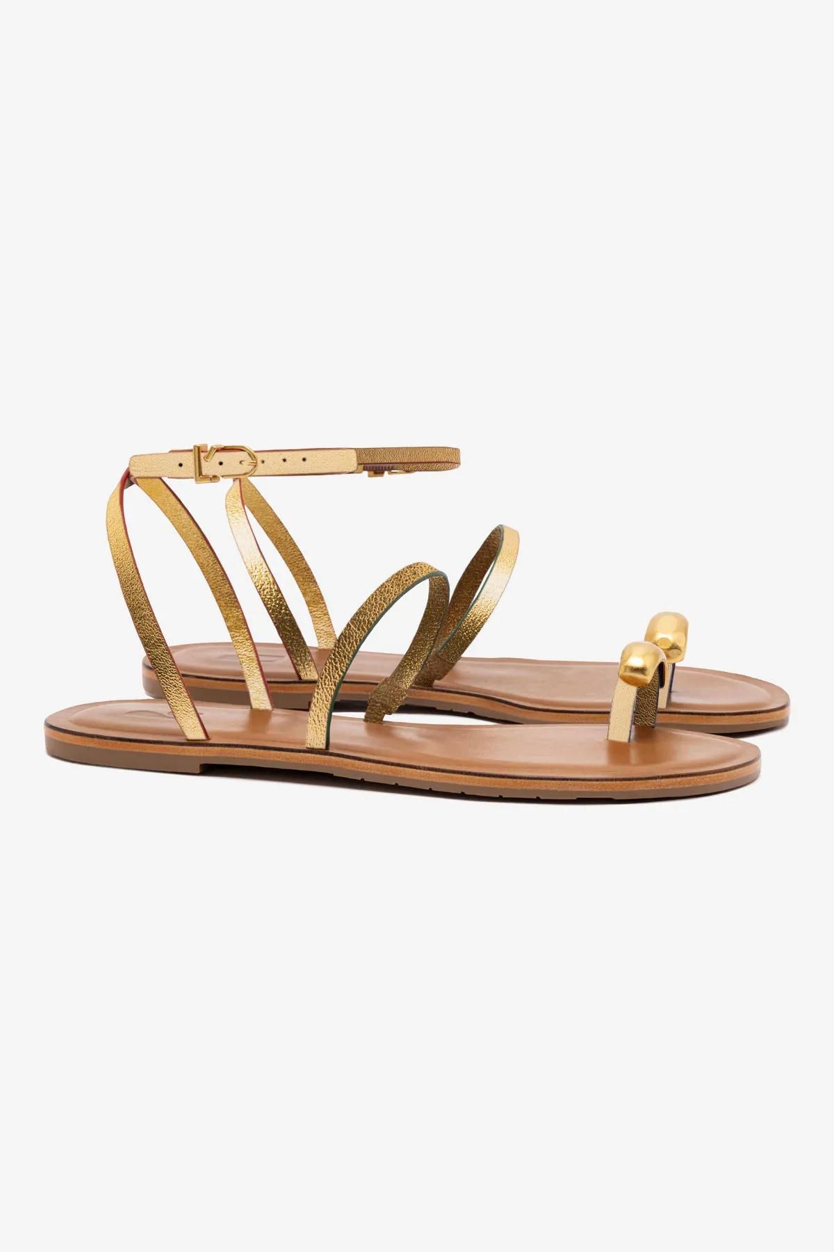 Flexible Fit Biarritz Flat Sandal In Gold Metallic Leather