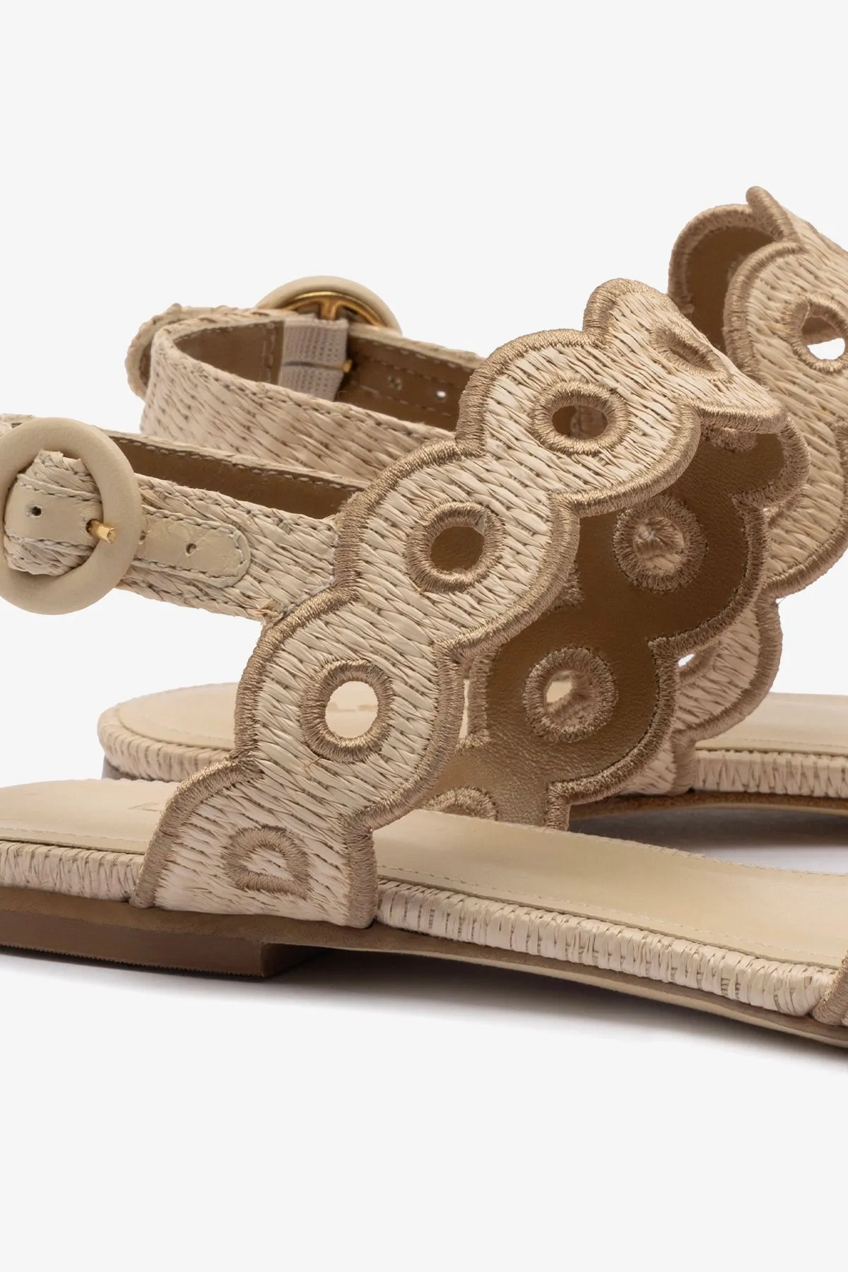 Florence Broderie Flat Sandal In Natural Raffia and Hazelnut Trimming Versatile use