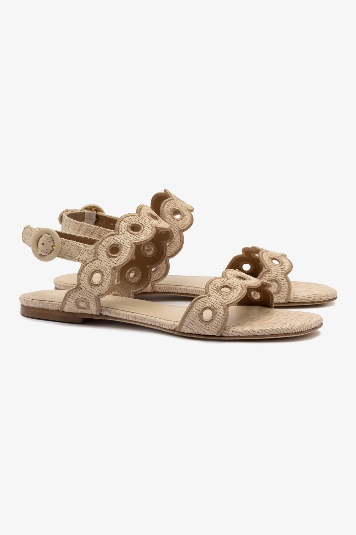 Florence Broderie Flat Sandal In Natural Raffia and Hazelnut Trimming Versatile use