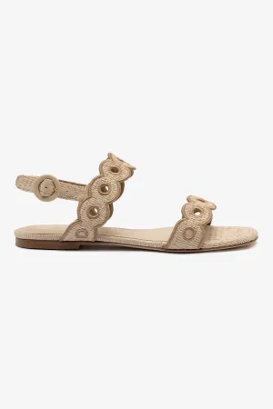 Florence Broderie Flat Sandal In Natural Raffia and Hazelnut Trimming Easy Wear Footwear