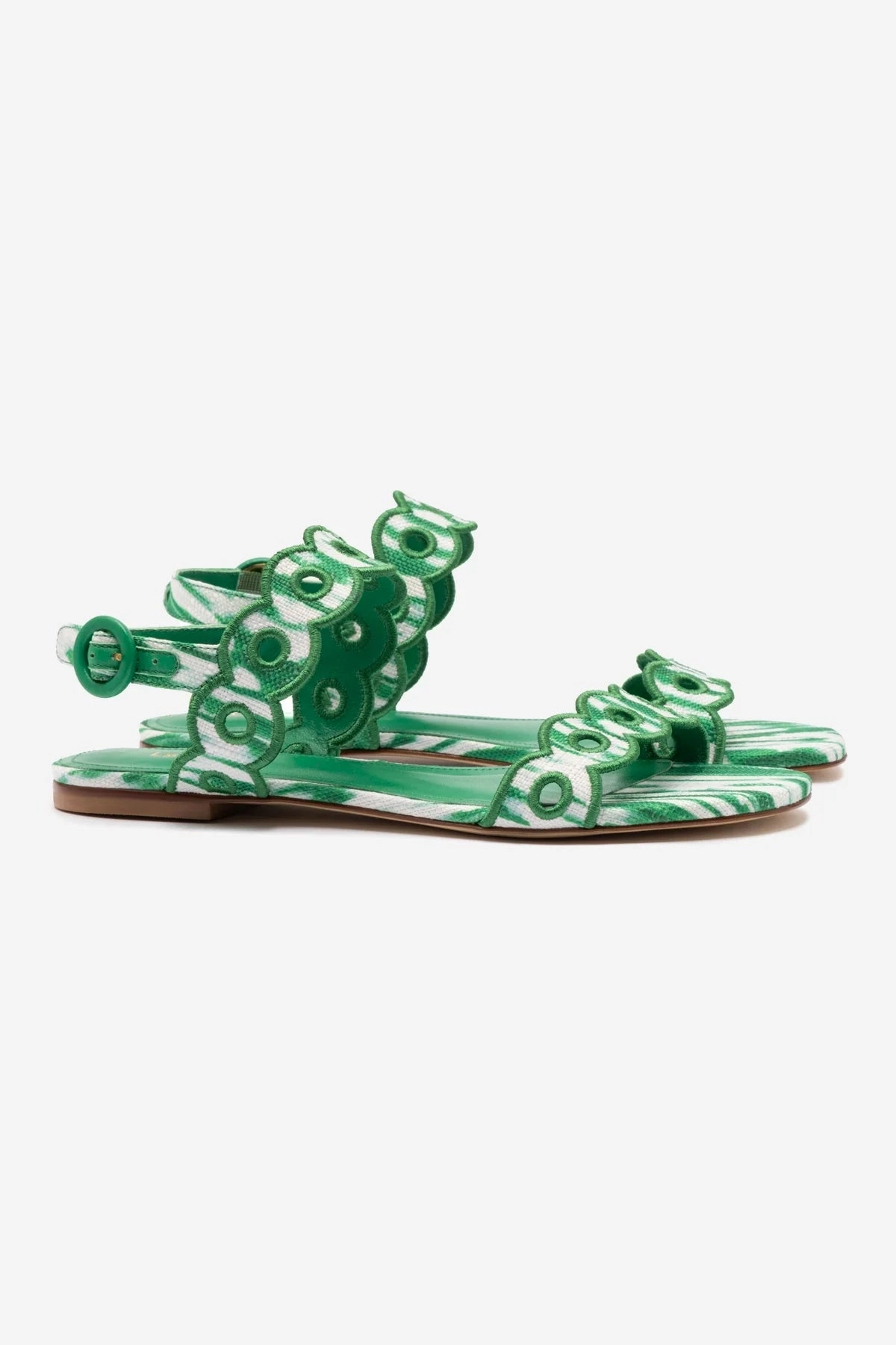 Florence Broderie Flat Sandal In Tie Dye Evergreen Raffia Stretchy Fit