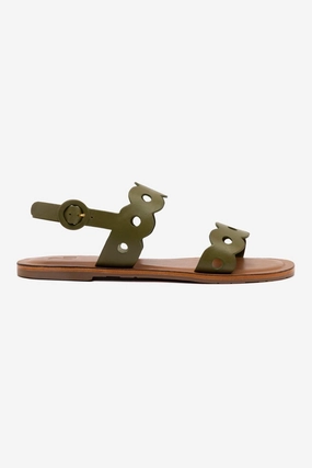 Florence Flat Sandal In Seaweed Leather Happy Feet Design Moisture Wicking Fabric