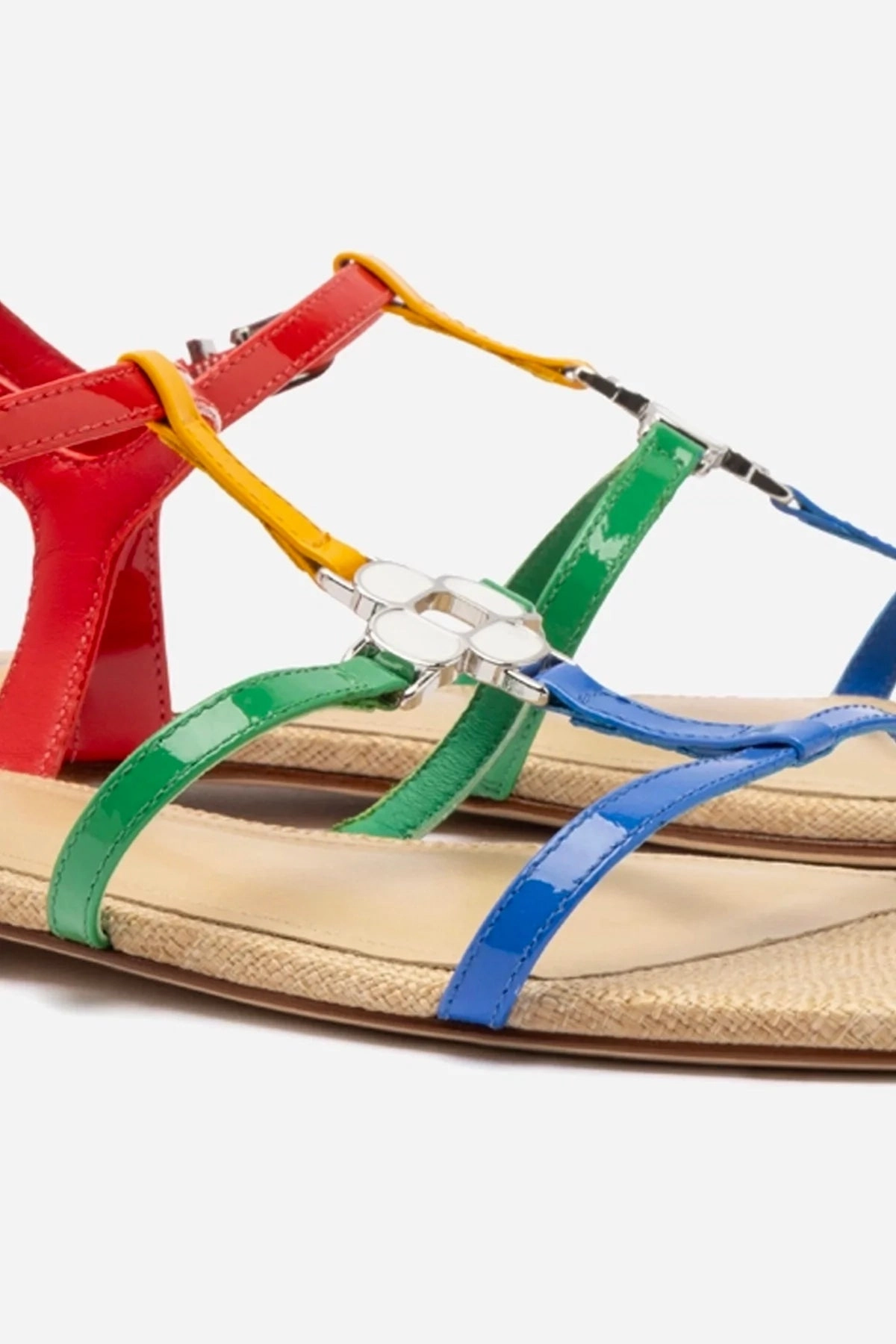 Hana Flat Sandal In Multicolor Patent Leather and Raffia Everyday Luxury