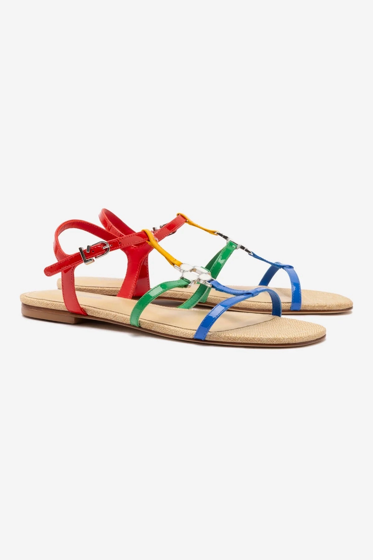 Hana Flat Sandal In Multicolor Patent Leather and Raffia Everyday Luxury