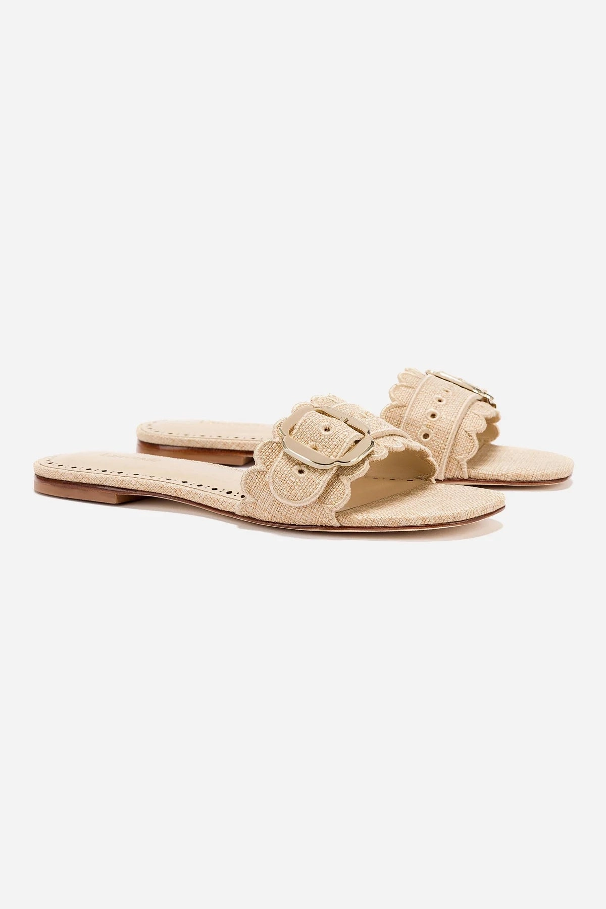 Ivy Broderie Flat Mule In Beige Raffia Memory Foam