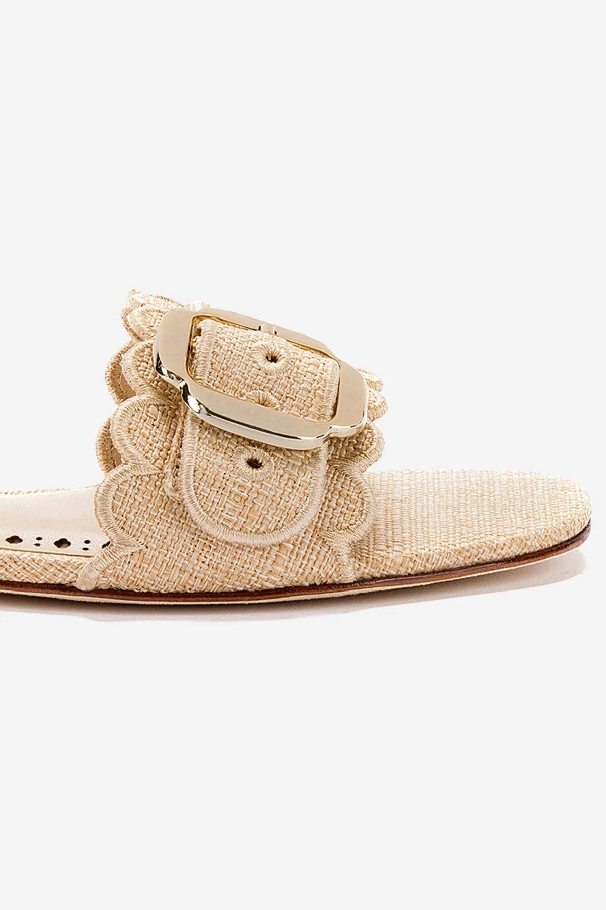 Ivy Broderie Flat Mule In Beige Raffia Memory Foam