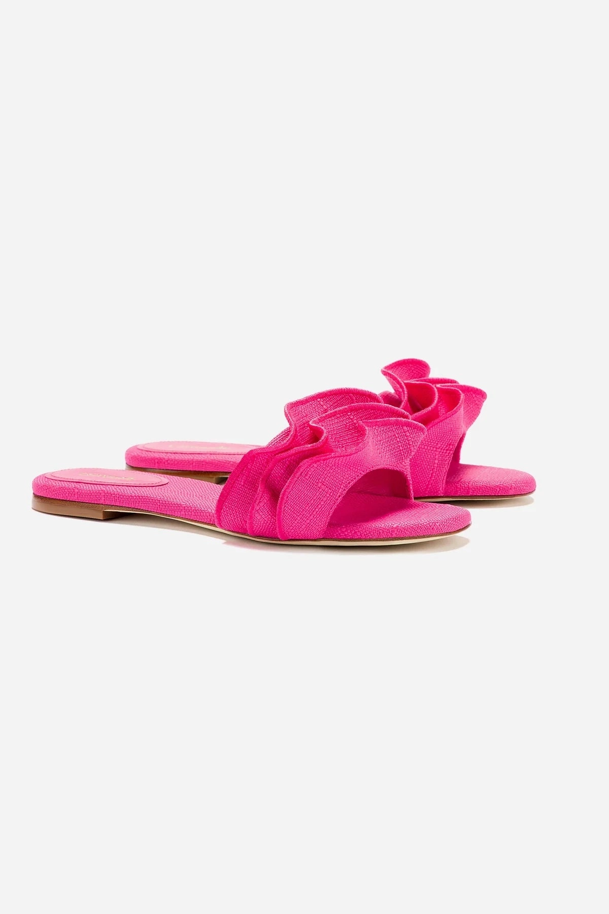 Ivy Ruffle Flat Mule In Pink Raffia Versatile Fit