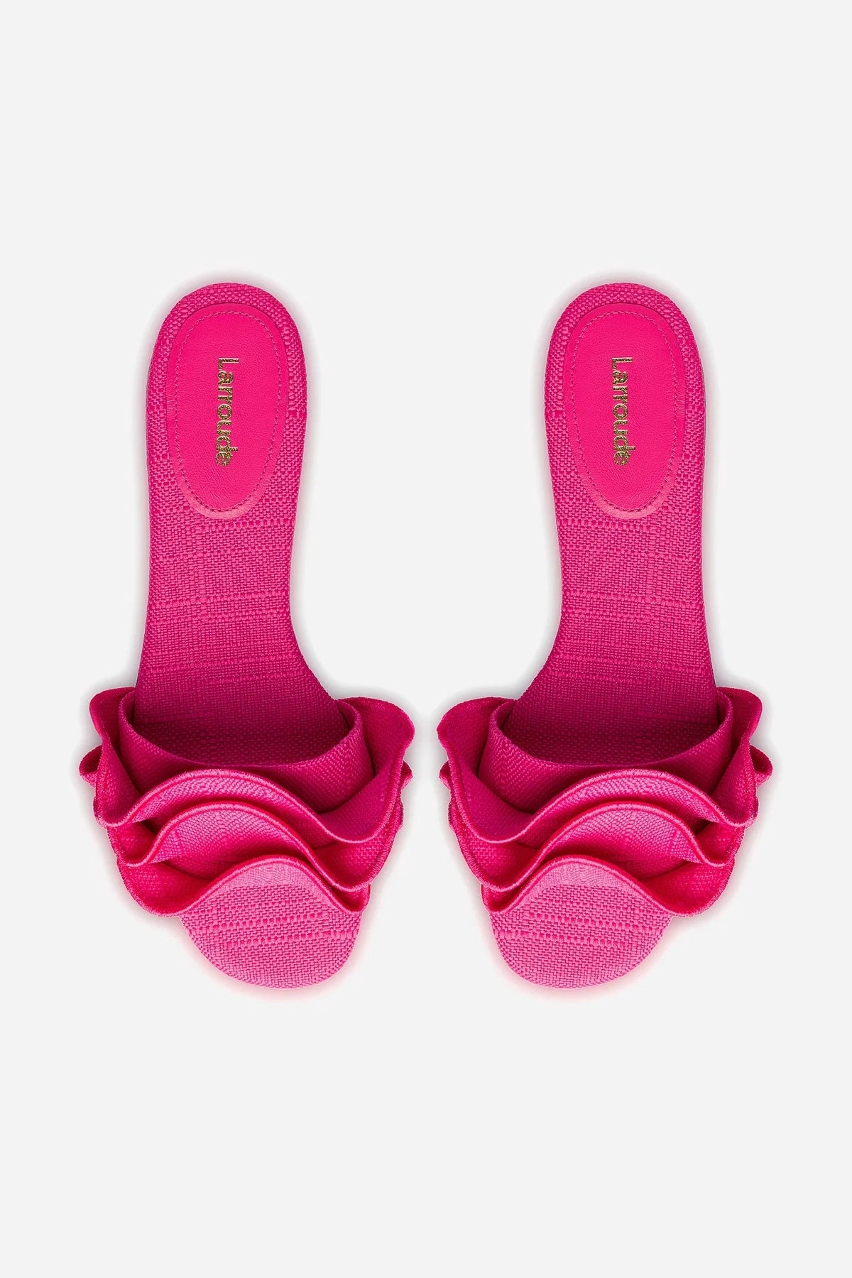 Ivy Ruffle Flat Mule In Pink Raffia Versatile Fit