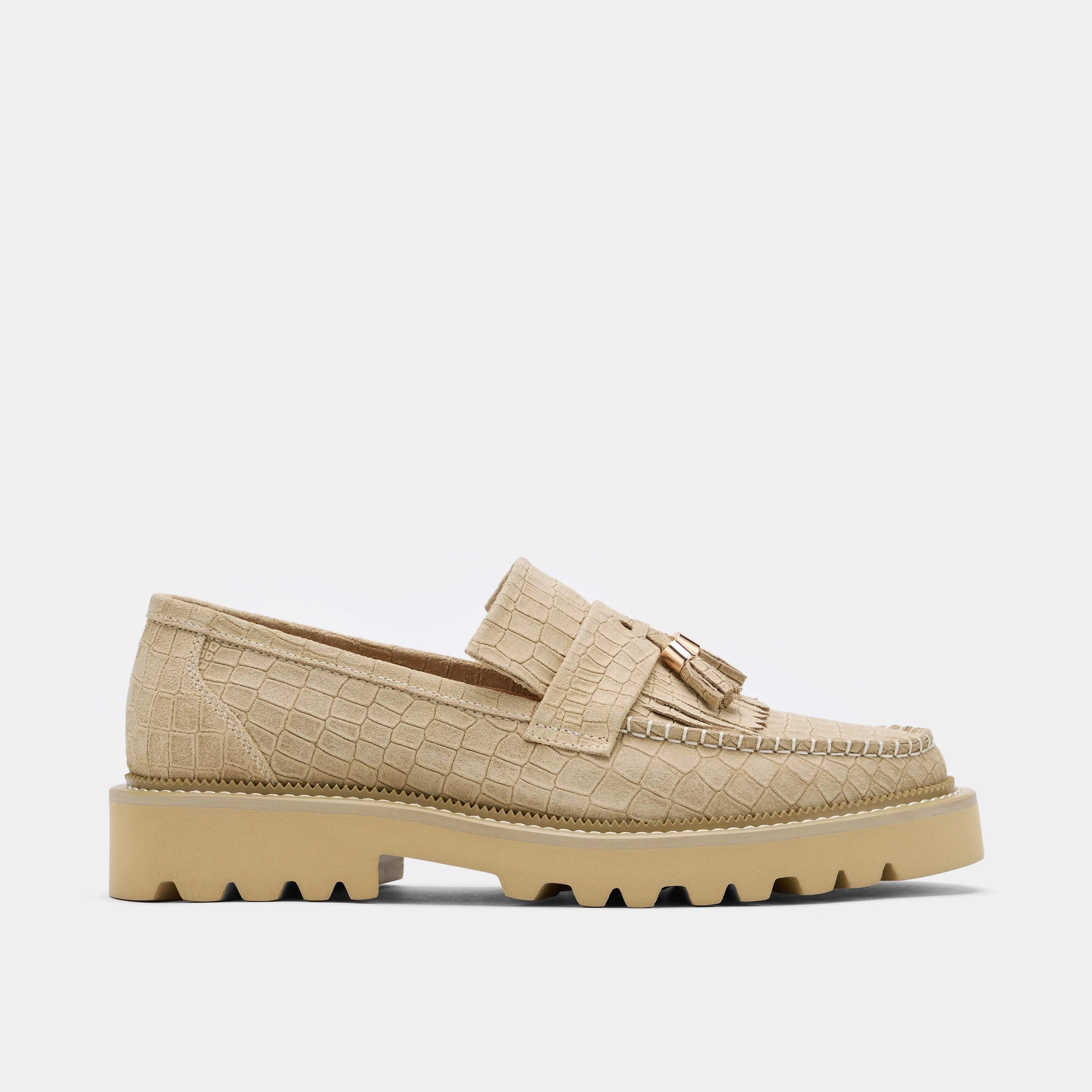 Journey Tan Croc Suede Lug Tassel Loafer College Trend Timeless Support