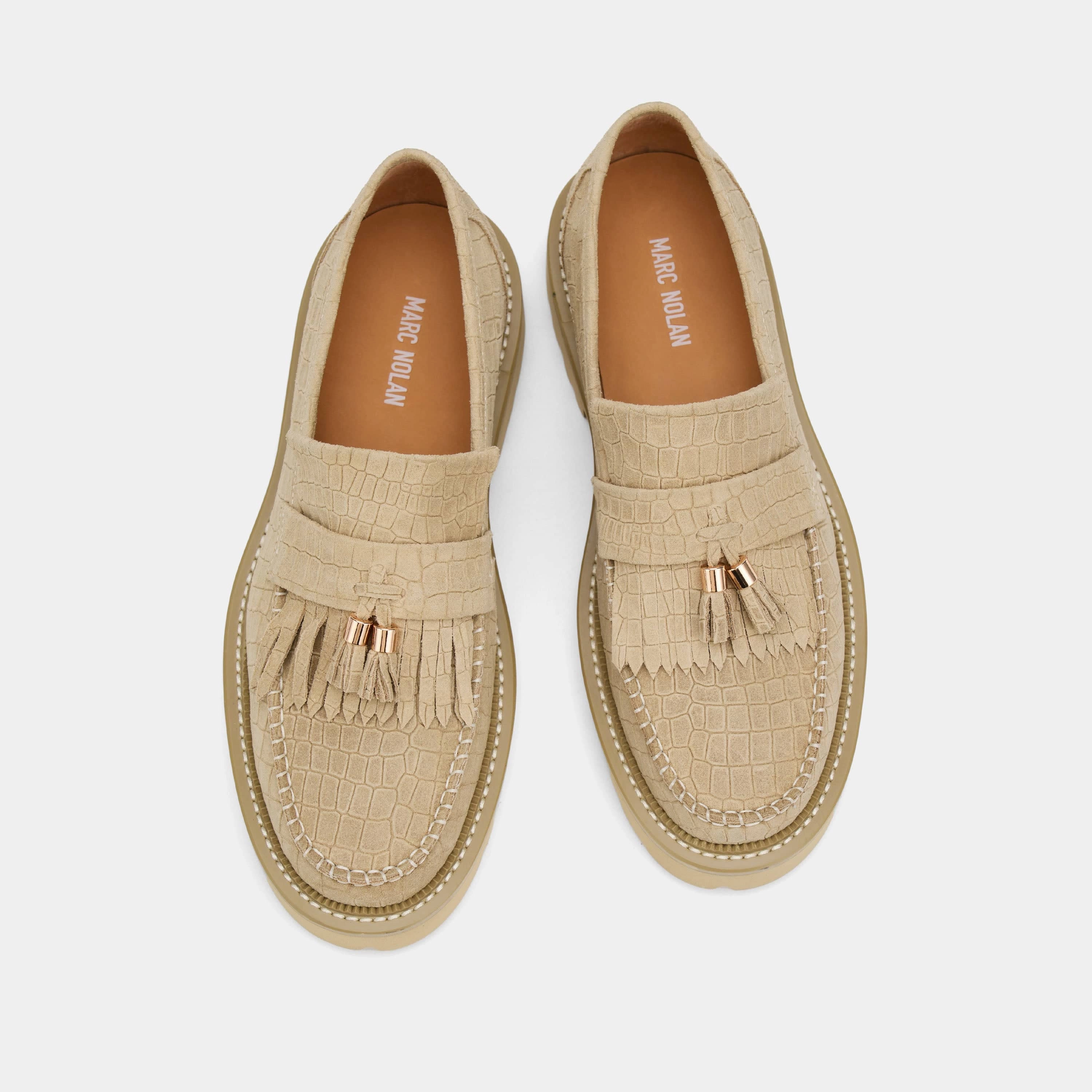 Journey Tan Croc Suede Lug Tassel Loafer Trendy Comfort