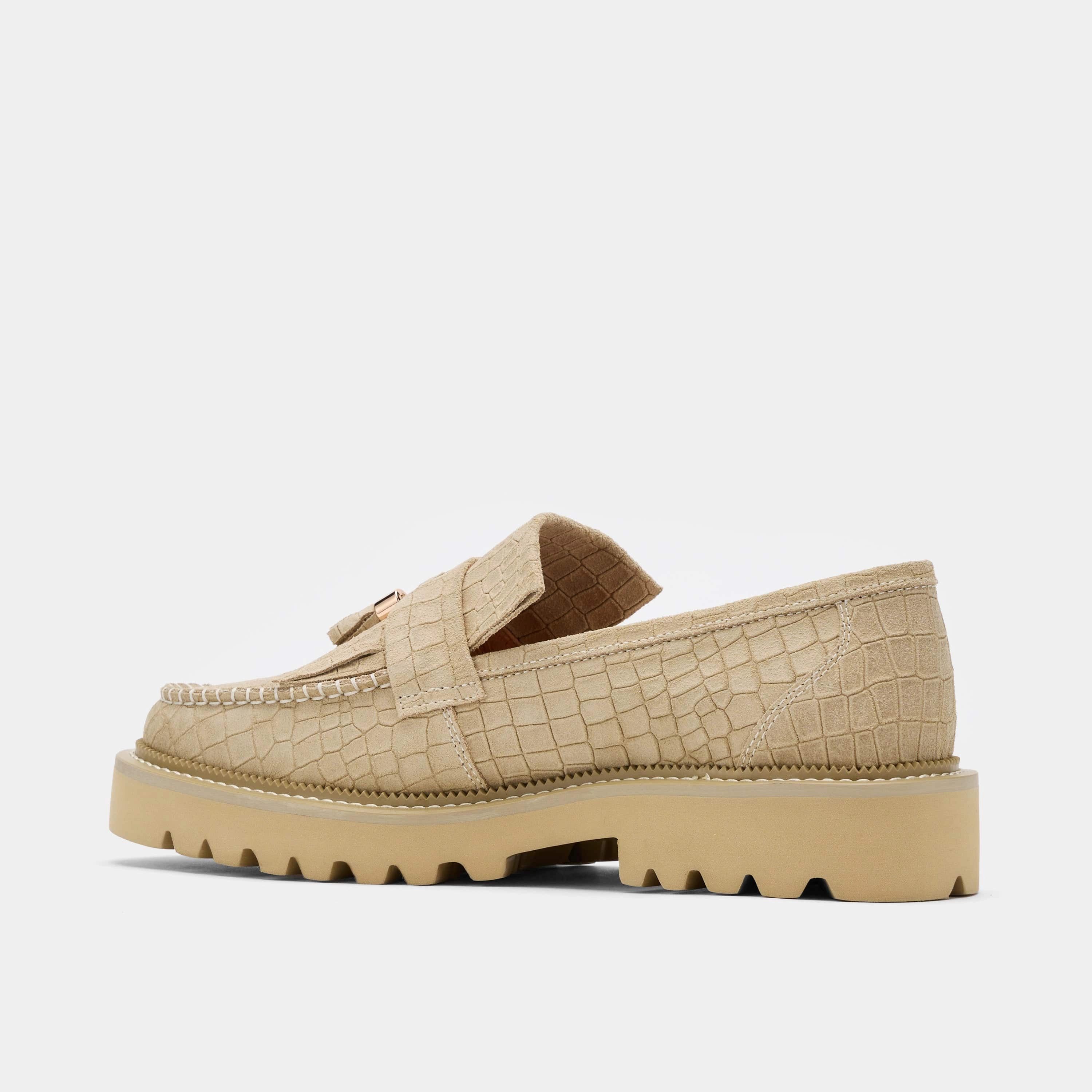 Journey Tan Croc Suede Lug Tassel Loafer Trendy Comfort