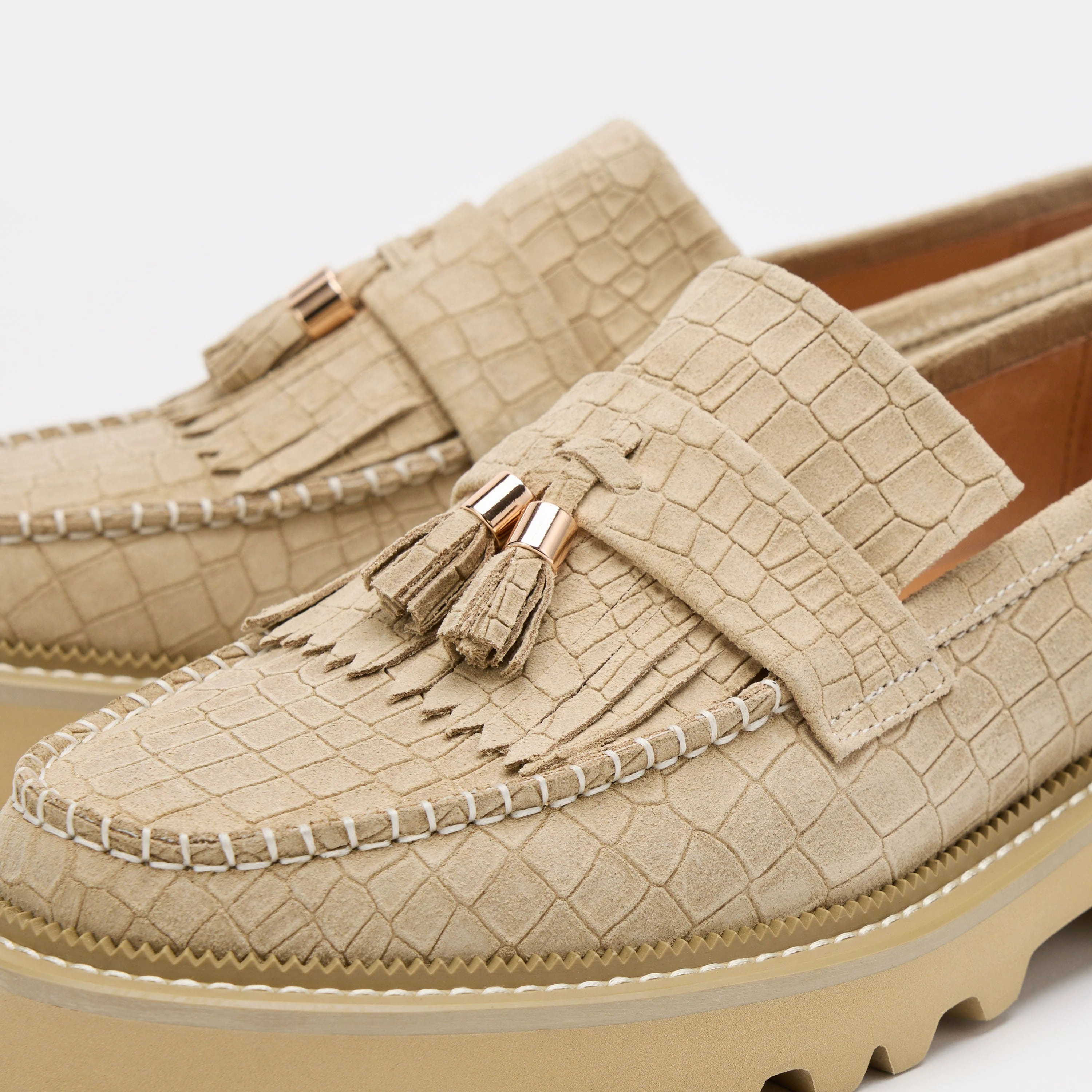 Journey Tan Croc Suede Lug Tassel Loafer Trendy Comfort