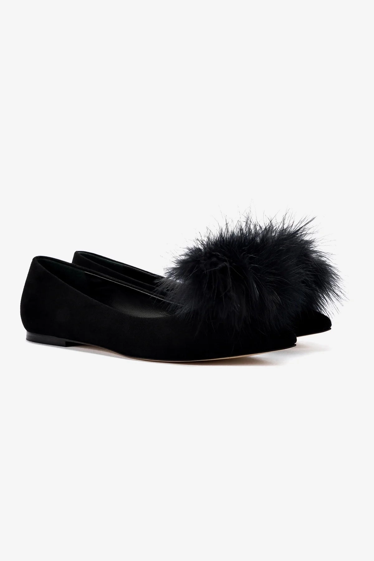 Lee Pompom Flat In Black Suede Light Weight