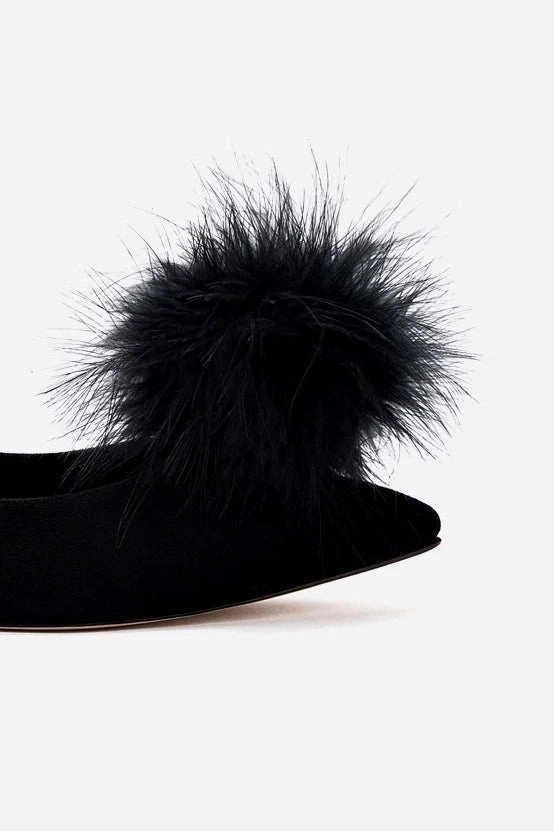 Lee Pompom Flat In Black Suede Light Weight