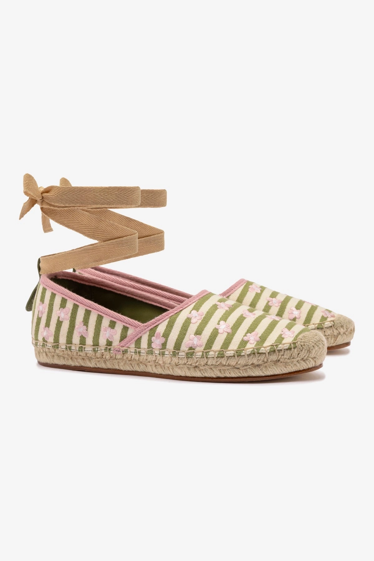 Letizia Espadrille Flat In Seaweed and Natural Striped Fabric and Daisy Embroidery Cloud Comfort
