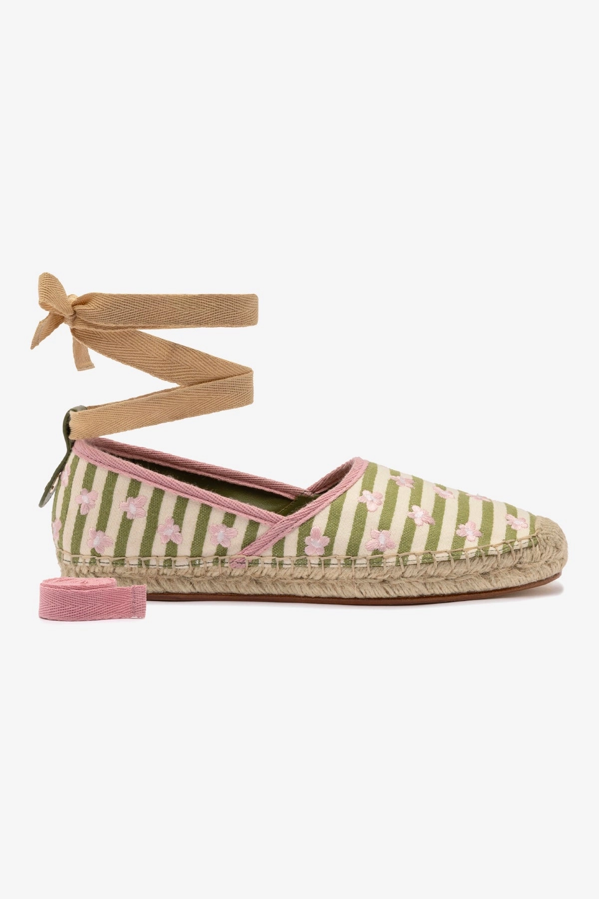 Letizia Espadrille Flat In Seaweed and Natural Striped Fabric and Daisy Embroidery Cloud Comfort