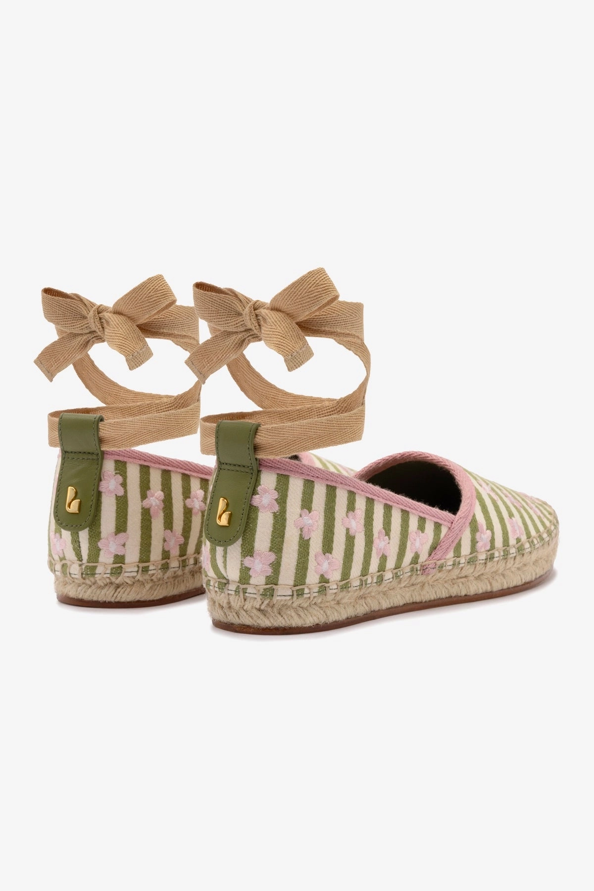 Letizia Espadrille Flat In Seaweed and Natural Striped Fabric and Daisy Embroidery Cloud Comfort