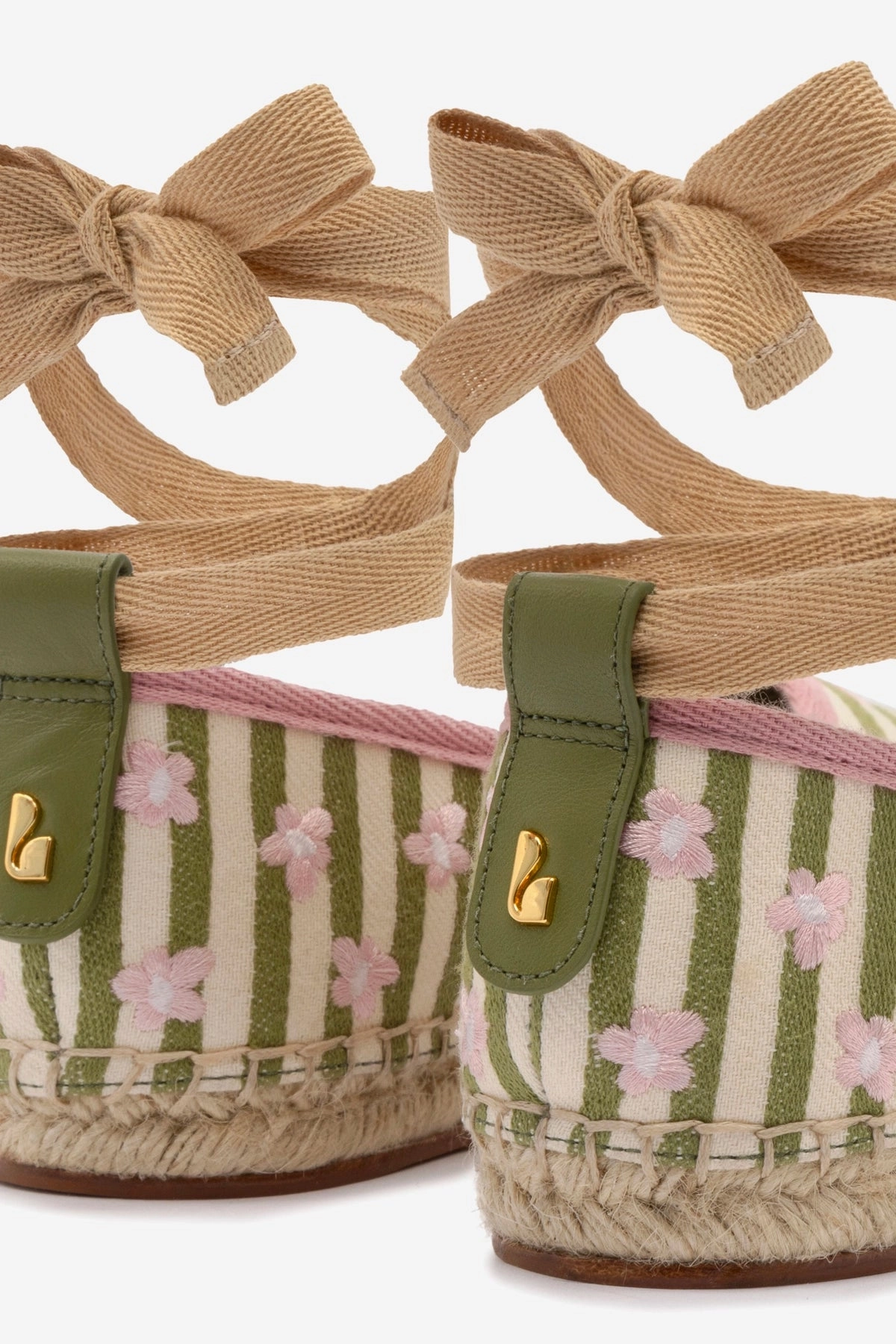 Letizia Espadrille Flat In Seaweed and Natural Striped Fabric and Daisy Embroidery Cloud Comfort
