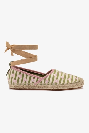 Seamless Interior Shoes Flexible Fit Letizia Espadrille Flat In Seaweed and Natural Striped Fabric and Daisy Embroidery