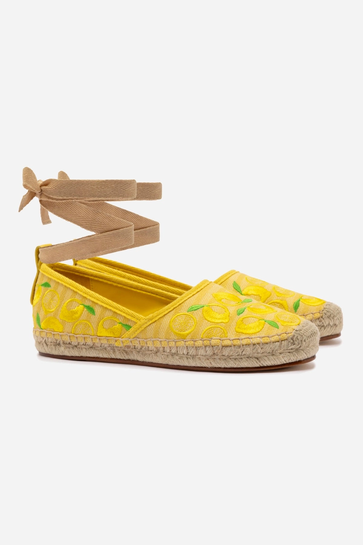 Letizia Espadrille Flat In Sunrise Striped Fabric and Sicilian Lemon Embroidery Style Ready