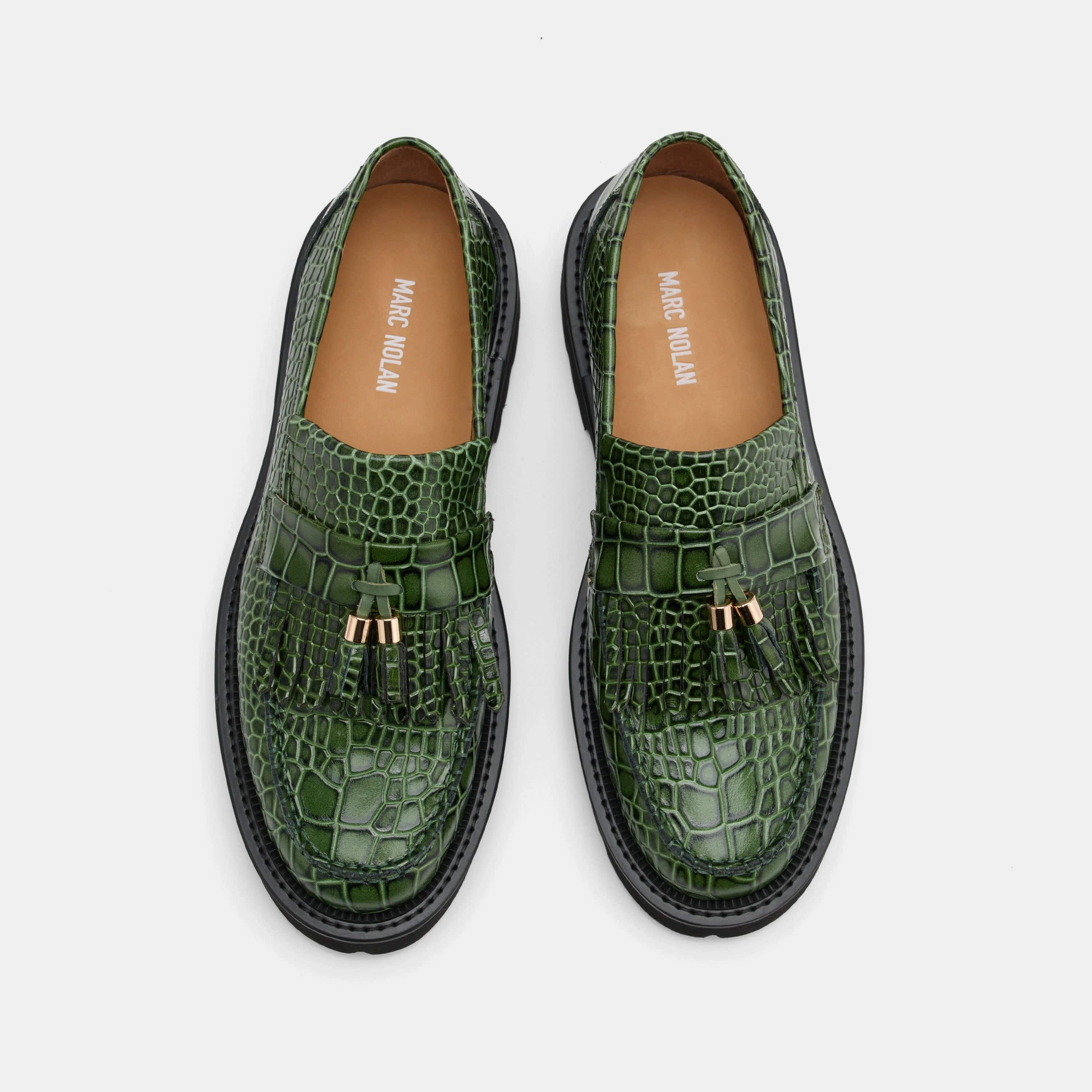 Light Construction Journey Green Croc Leather Lug Tassel Loafer