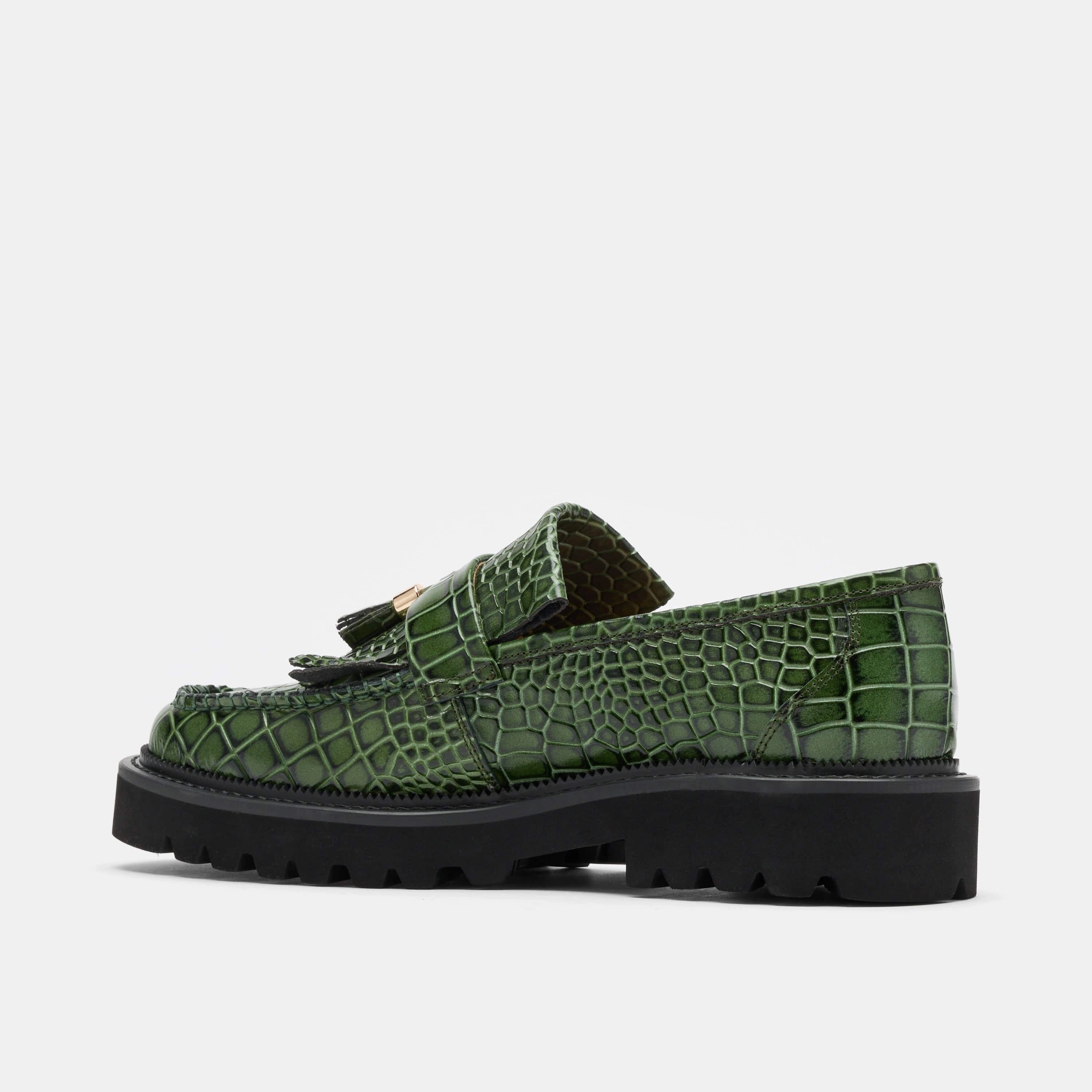 Light Construction Journey Green Croc Leather Lug Tassel Loafer