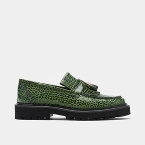 Journey Green Croc Leather Lug Tassel Loafer Comfortable Design