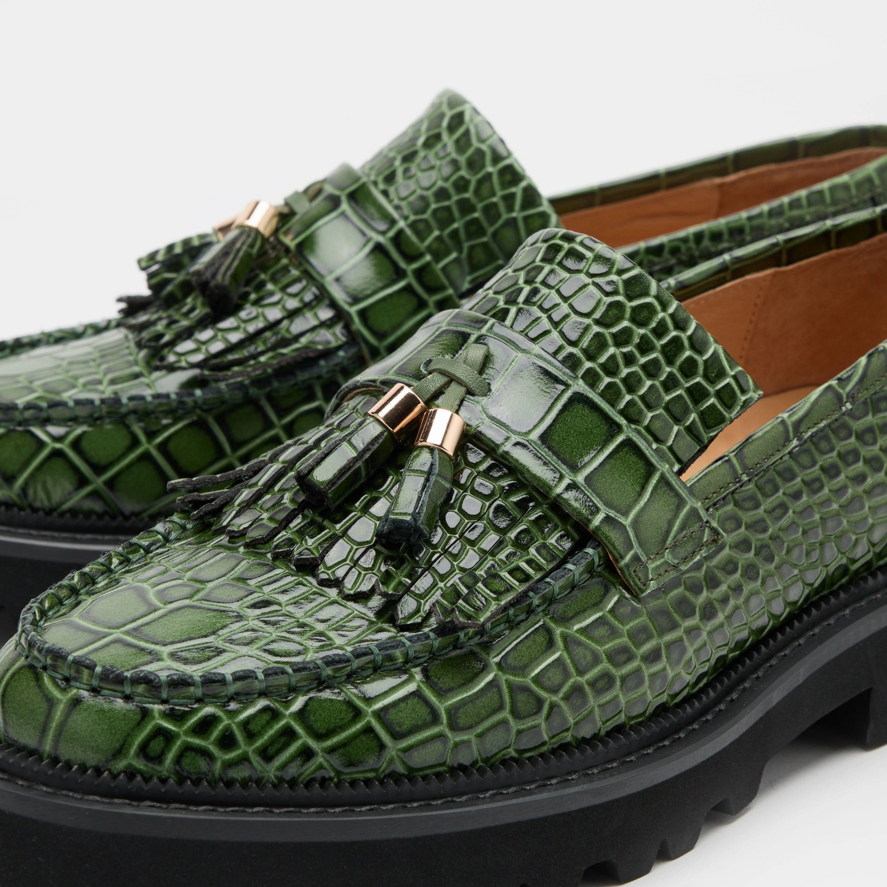 Light Construction Journey Green Croc Leather Lug Tassel Loafer