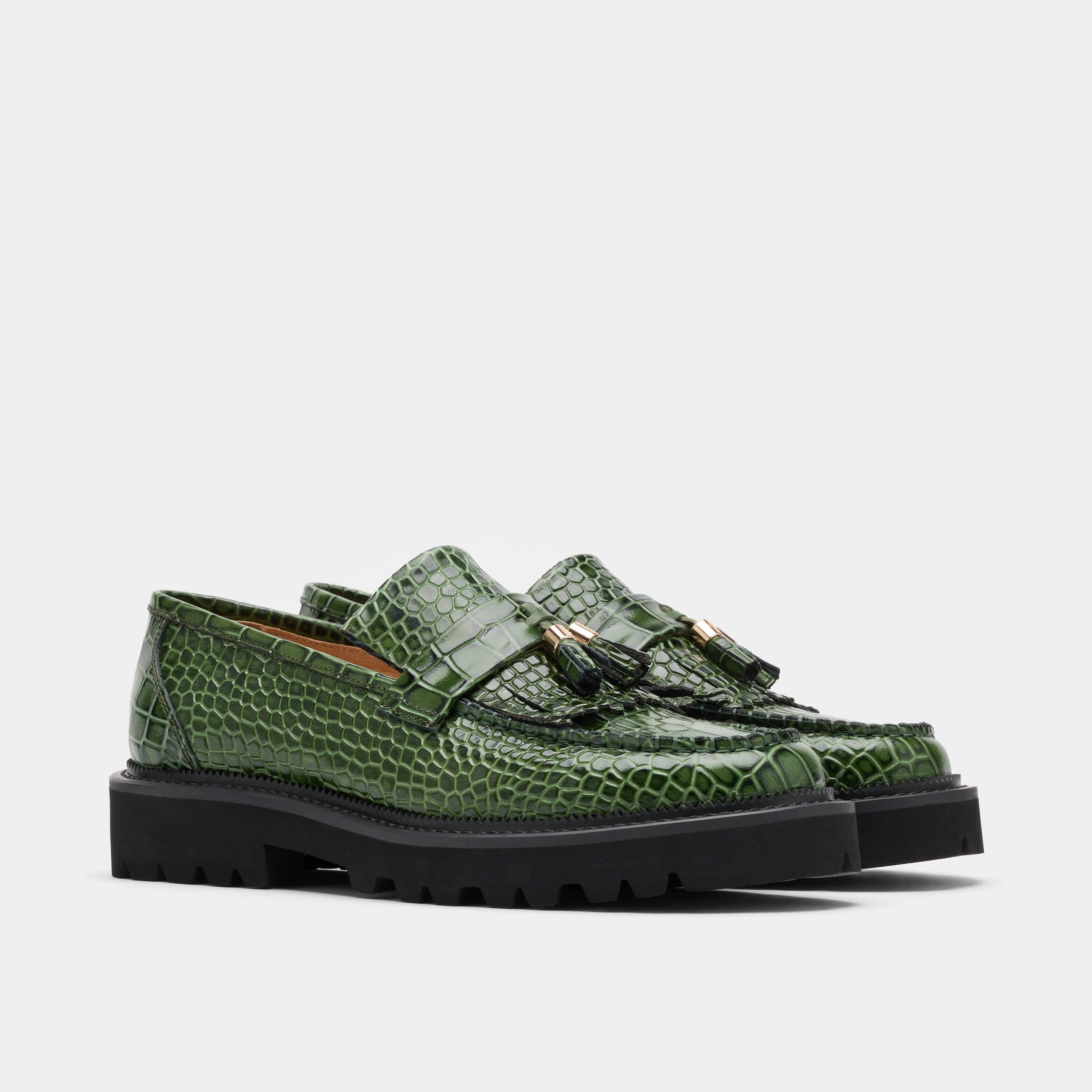 Light Construction Journey Green Croc Leather Lug Tassel Loafer