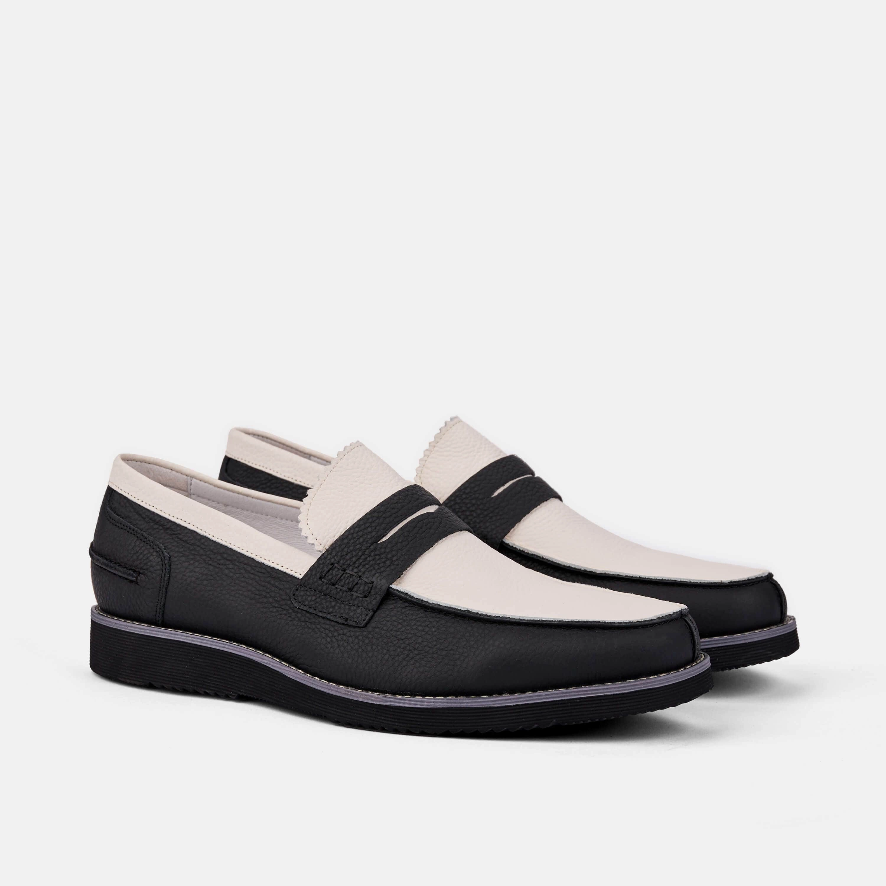 Long Wear Abe Black and White Leather Penny Loafers