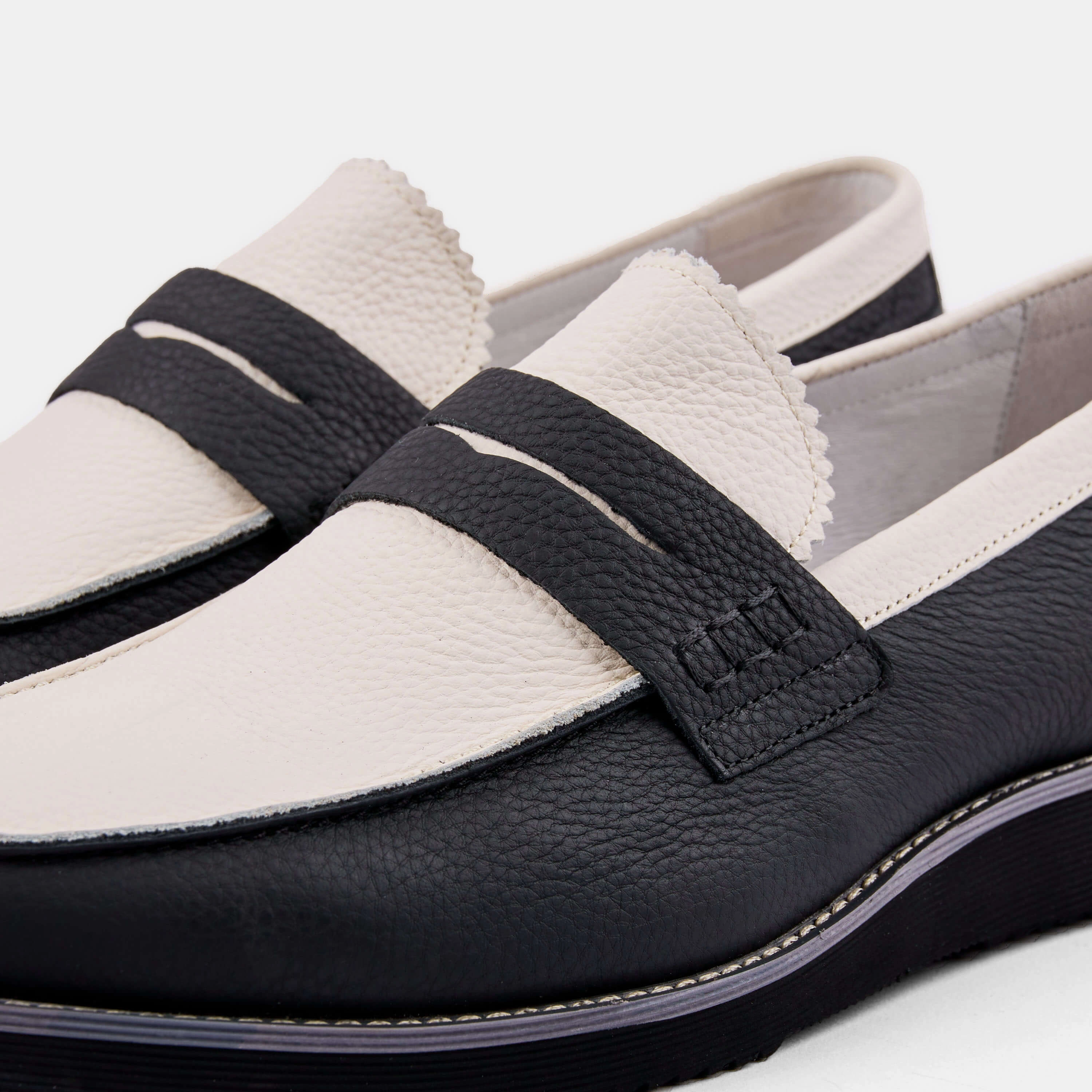 Long Wear Abe Black and White Leather Penny Loafers