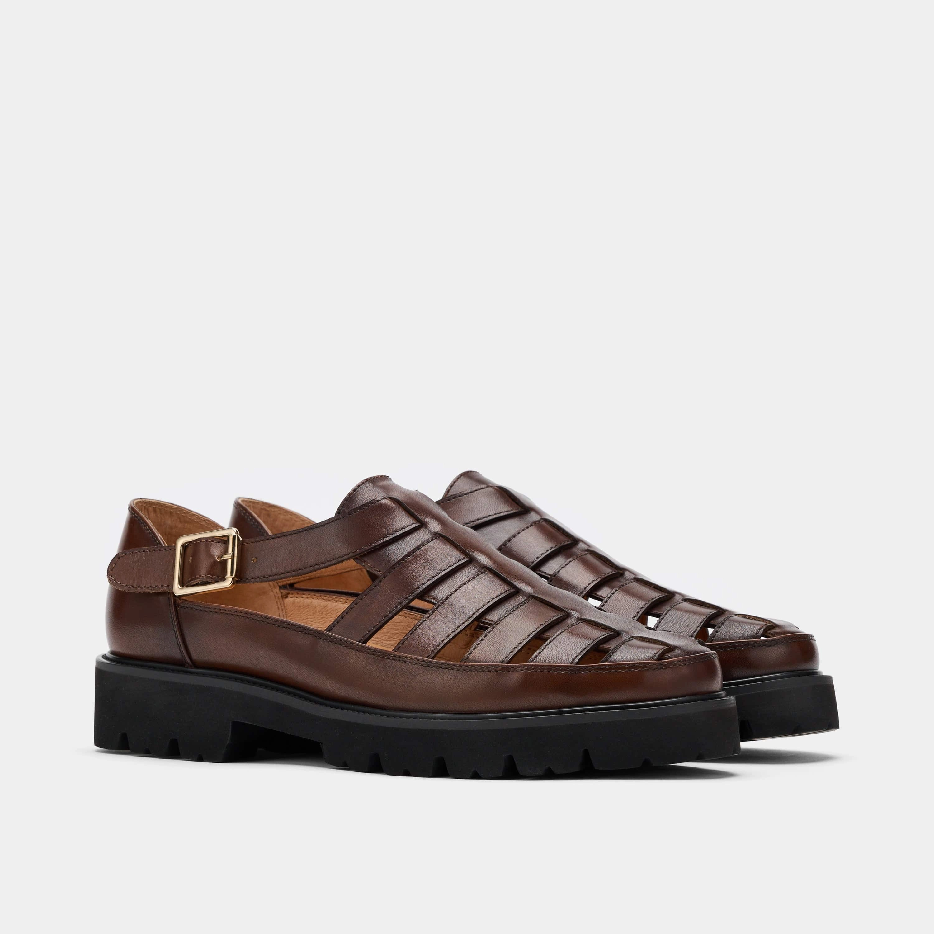 Magellan Brown Leather Lug Fisherman Sandals Polished Finish