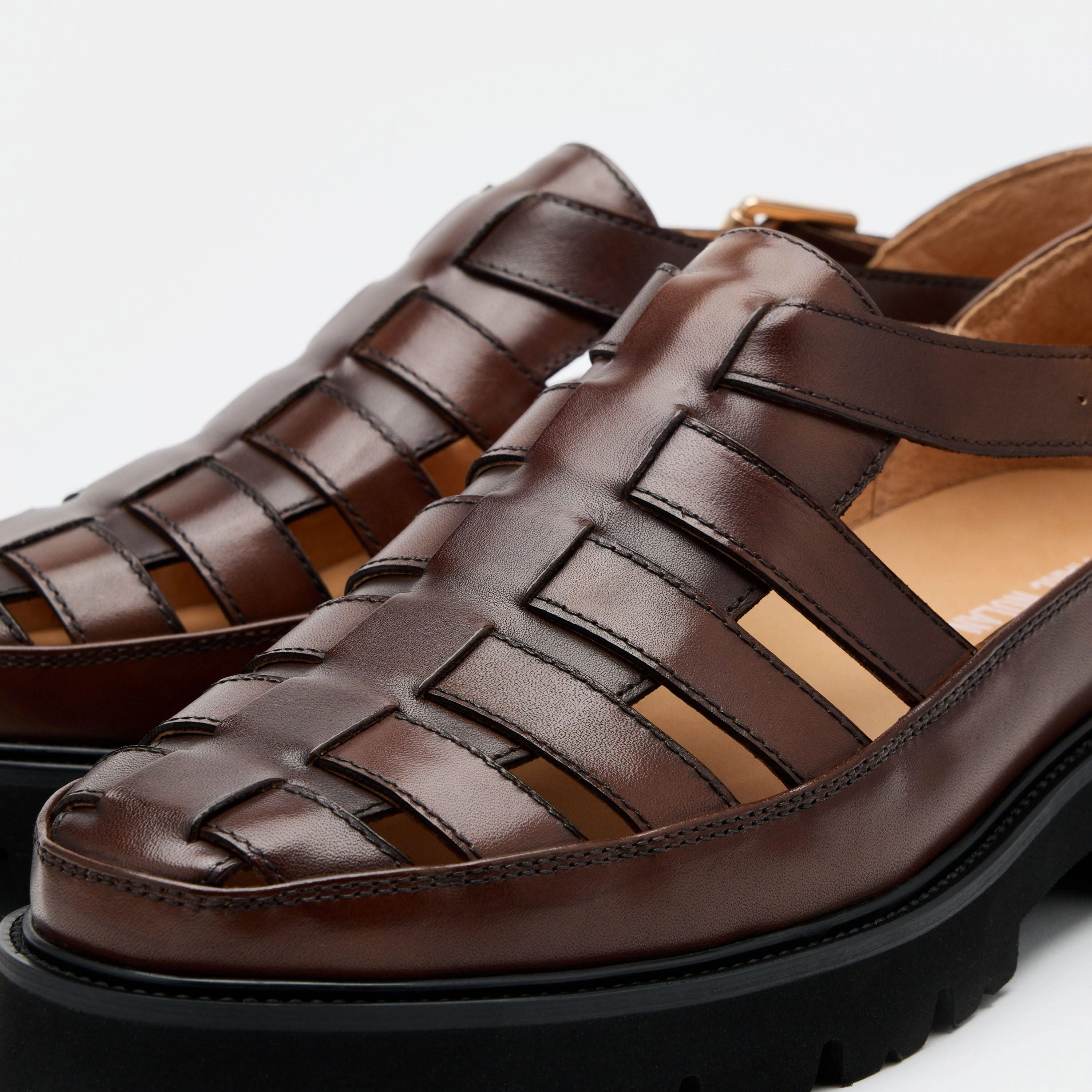 Magellan Brown Leather Lug Fisherman Sandals Polished Finish