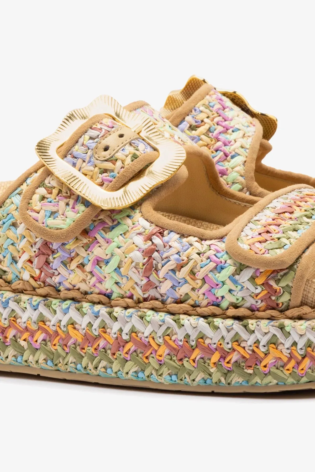 Maui Slide In Tapestry Rainbow Raffia and Beige Trimming Trendy Design