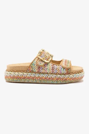Soft Sole Comfortable Support Maui Slide In Tapestry Rainbow Raffia and Beige Trimming