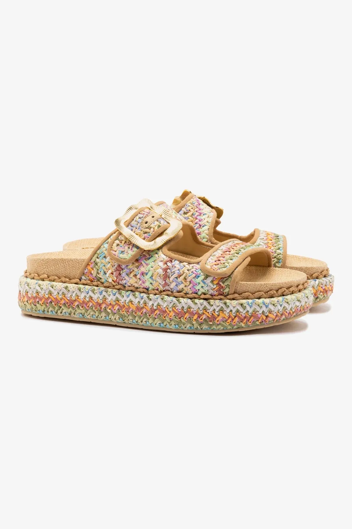 Maui Slide In Tapestry Rainbow Raffia and Beige Trimming Trendy Design