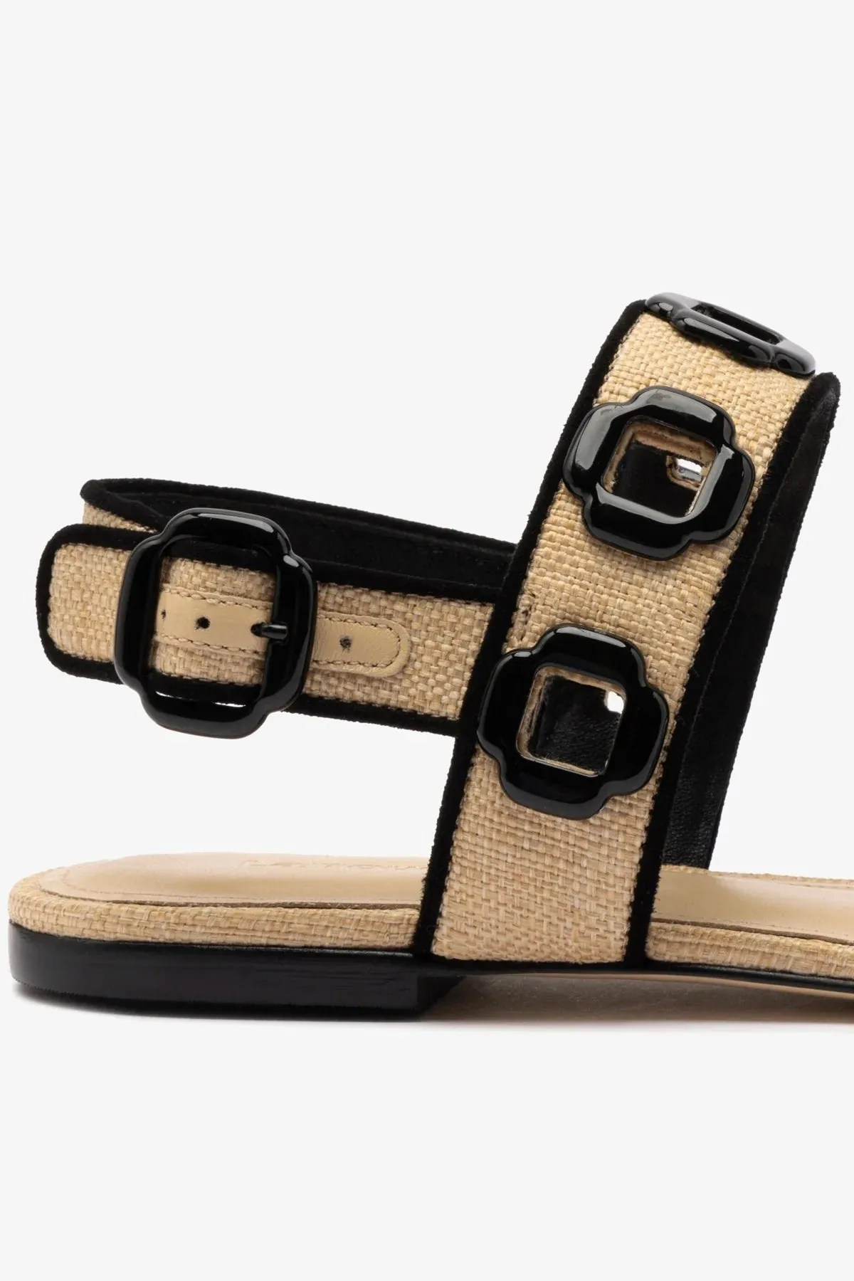 Milan Flat Sandal In Beige Raffia and Black Trimming Sleek Design