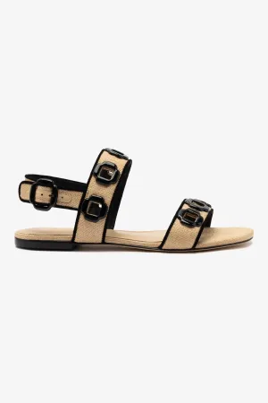 Comfortable Support Milan Flat Sandal In Beige Raffia and Black Trimming