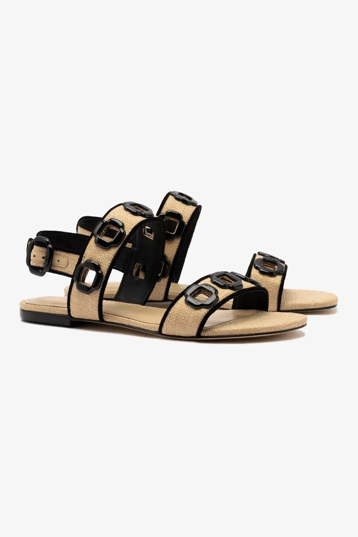 Milan Flat Sandal In Beige Raffia and Black Trimming Sleek Design