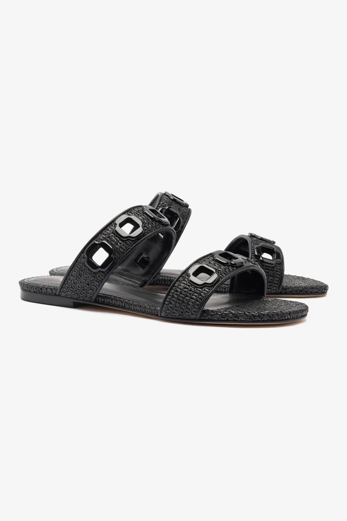 Milan Flat Mule In Black Wave Raffia Step Lightly