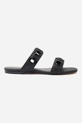 Breathable Construction Milan Flat Mule In Black Wave Raffia